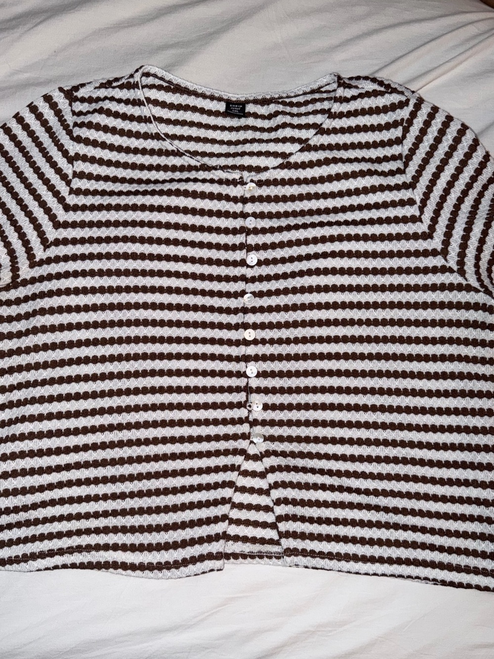 SHEIN Brown and White Striped Crochet Button-Up Sweater